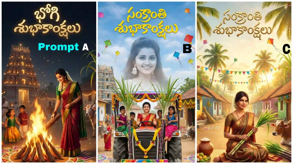 Bhogi festival AI image showing village bonfire and traditional rangoli 