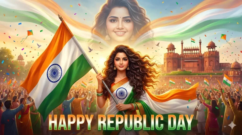 Republic Day AI Photo Prompts displaying a patriotic heroine in tricolor saree holding Indian flag in a vibrant festival scene