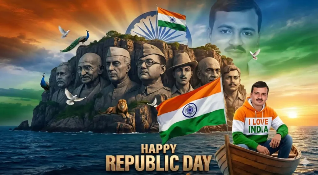 Republic Day AI Photo Prompts with epic freedom fighter stone statues, boat scene, Indian flag, and cinematic ocean background