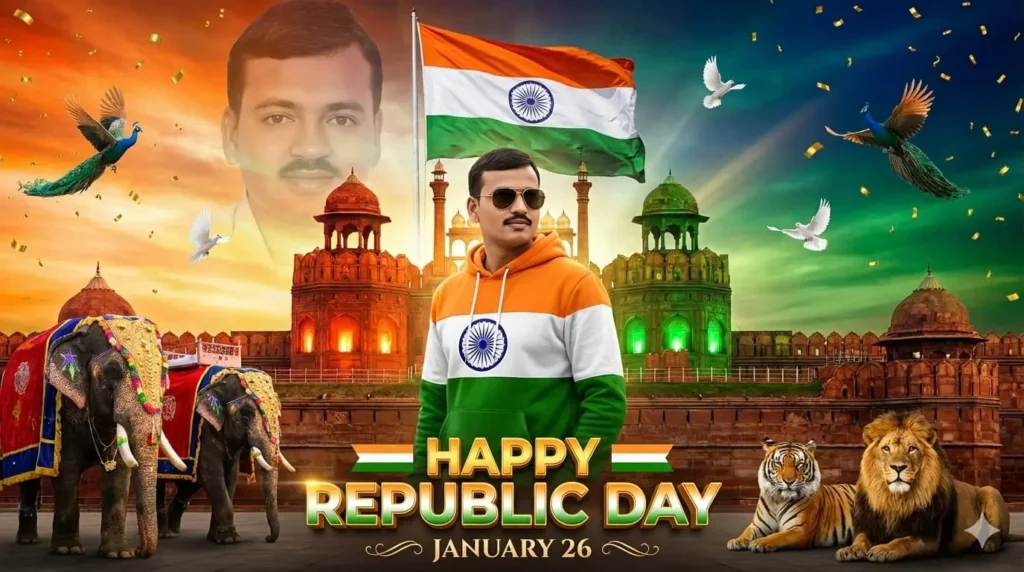 Republic Day AI Photo Prompts for a stylish cinematic poster with tricolor outfit, national animals, and heritage monument