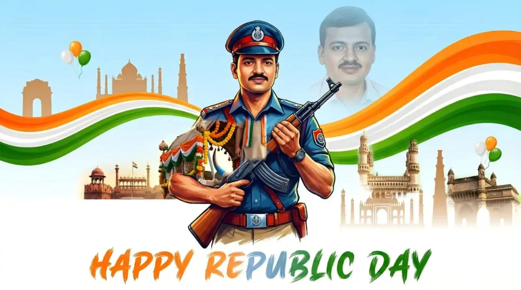 Republic Day AI Photo Prompts showcasing a patriotic police officer illustration with tricolor background and artistic design