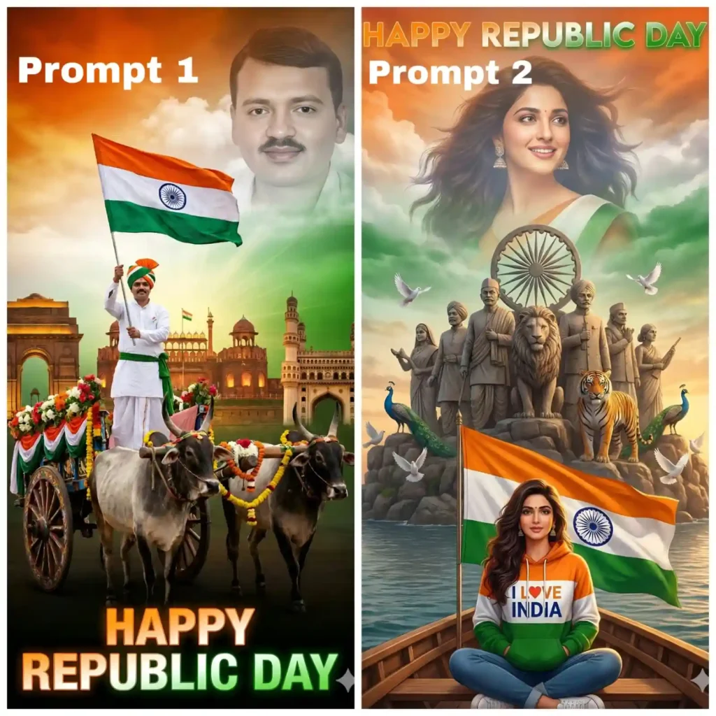 Republic Day AI Photo Prompts showing an Indian farmer on a decorated bullock cart with national flag in a cinematic 16:9 style