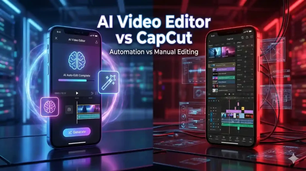 AI video editor vs CapCut comparison image showing automated editing versus manual video editing