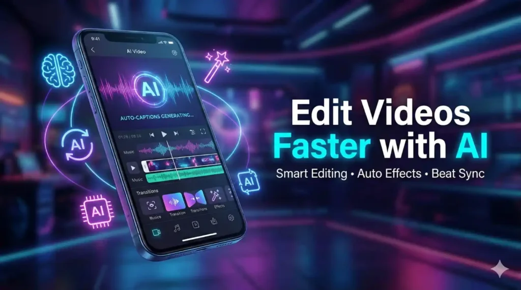 AI video editor app interface showing automatic video editing, beat sync, subtitles, and cinematic effects