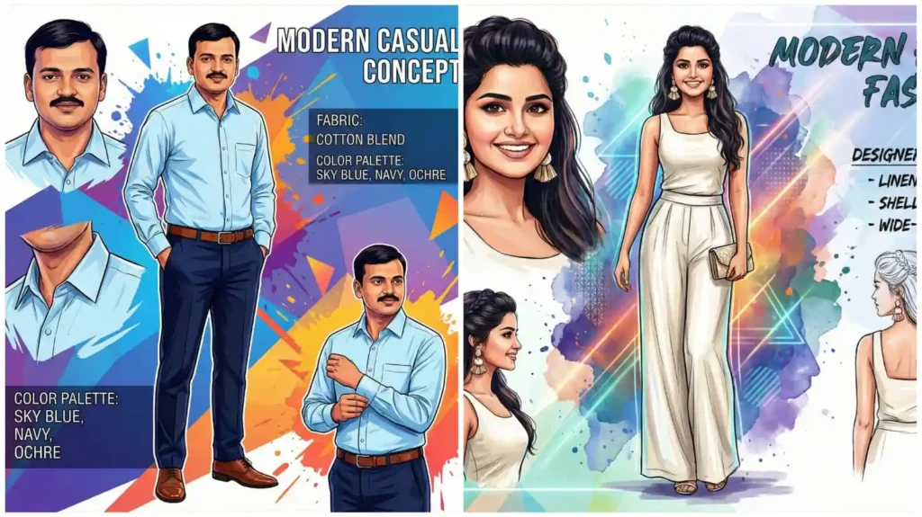 AI-generated fashion concept poster illustrating a stylish outfit based on a reference image with clean editorial illustration style