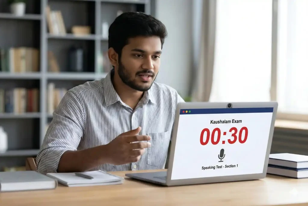 kaushalam 30 seconds speaking practice student talking to laptop camera