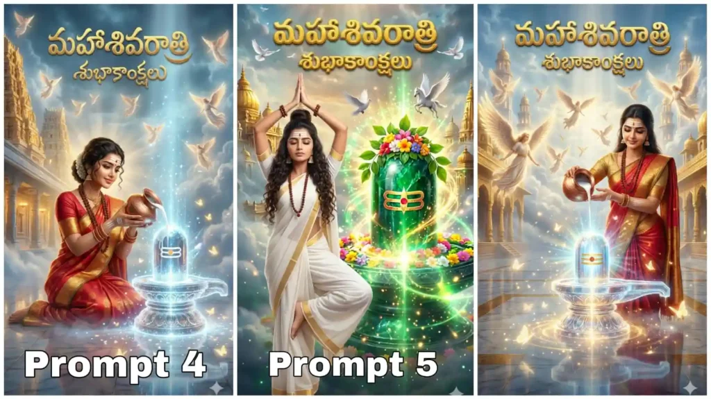 Mahashivaratri AI Images 2026, Woman performing milk abhishekam on emerald Shiva Lingam in Devaloka background with angels and celestial birds