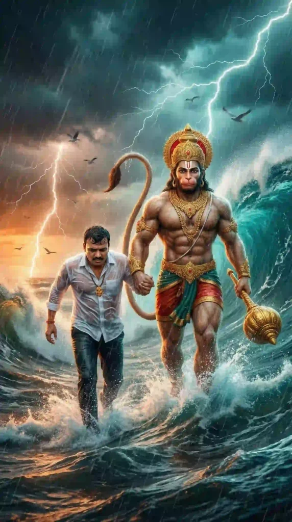 Hanuman pulling a man through storm waves cinematic AI generated image