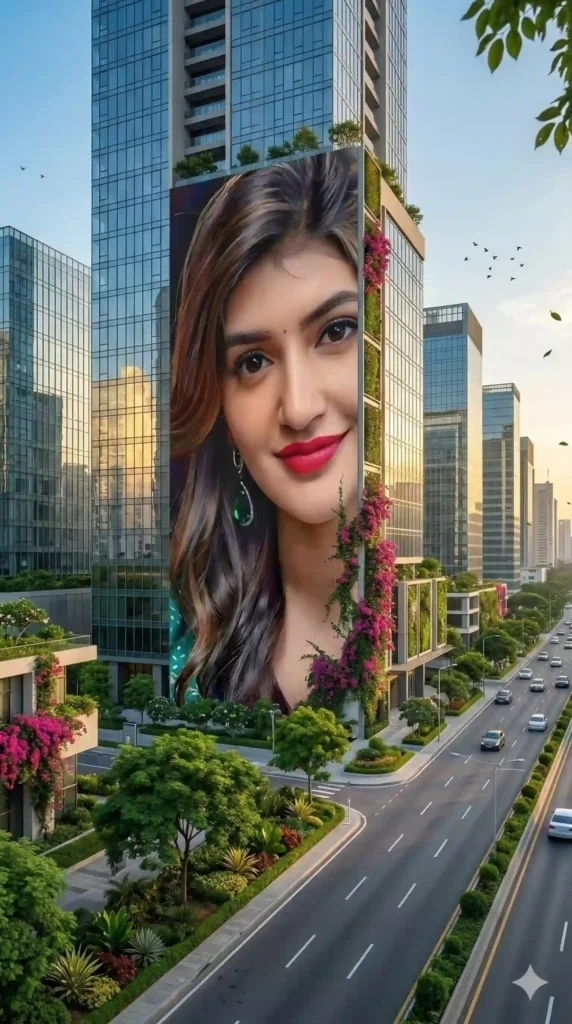 AI generated modern city skyscraper mural created using image prompts with a giant portrait billboard on a luxury building