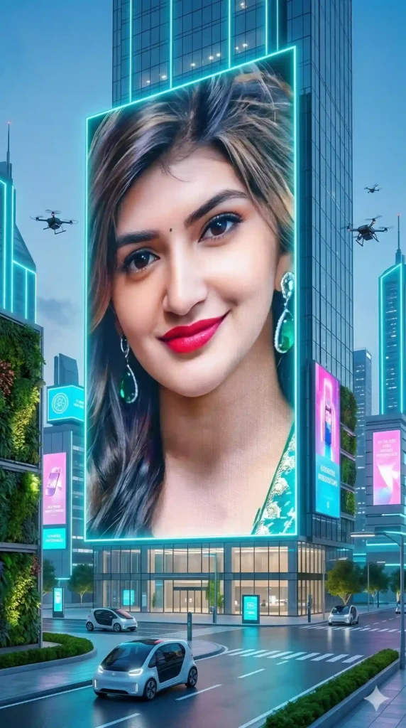 AI generated futuristic city skyscraper LED billboard advertisement created using image prompts