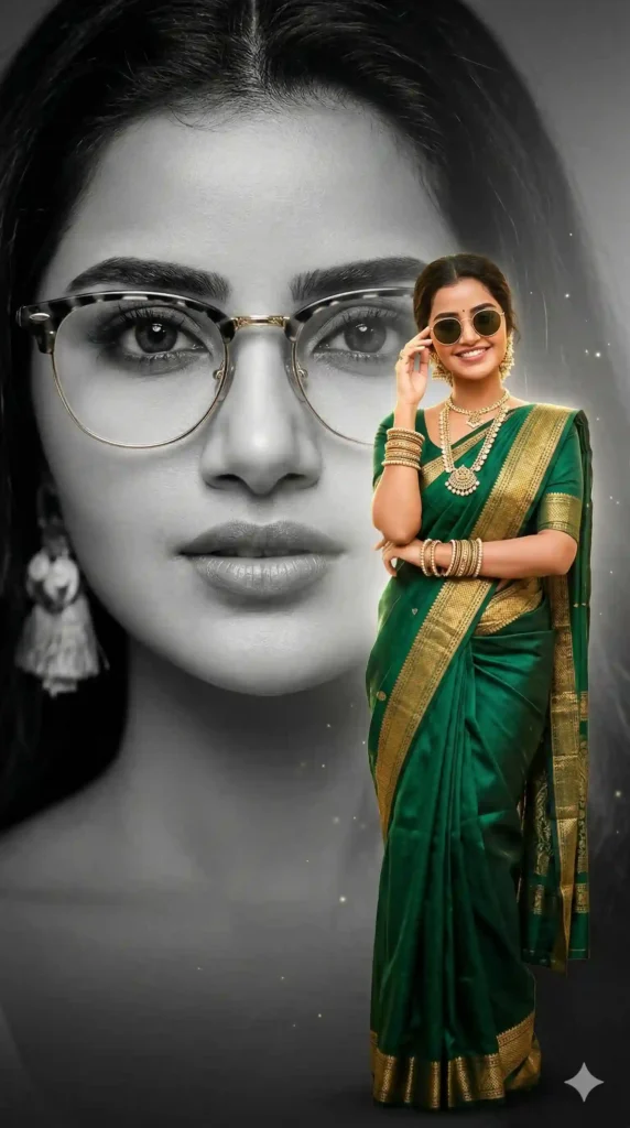 Cinematic saree fashion poster AI image generation prompts featuring an Indian woman with stylish sunglasses, dramatic studio lighting and double exposure background portrait.