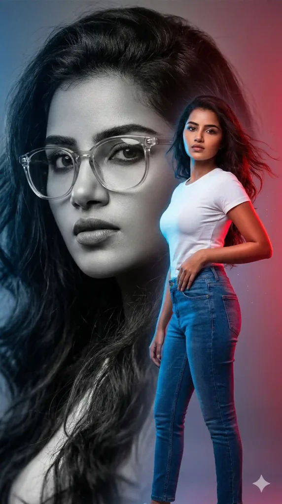 High end cinematic fashion poster AI image generation prompts showing a stylish Indian woman wearing blue jeans and t-shirt with dramatic blue and red lighting.