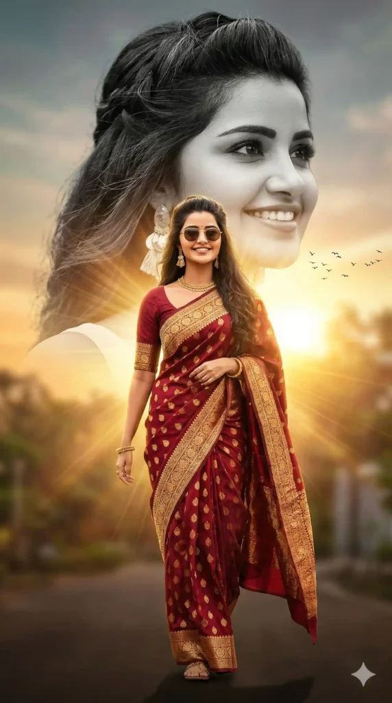 Cinematic double exposure saree poster AI image generation prompts featuring an Indian woman wearing traditional saree, gold jewelry and sunglasses with golden sunset cinematic lighting.