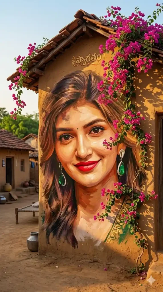 AI generated rural village mural portrait on an old house wall with bougainvillea flowers using image prompts