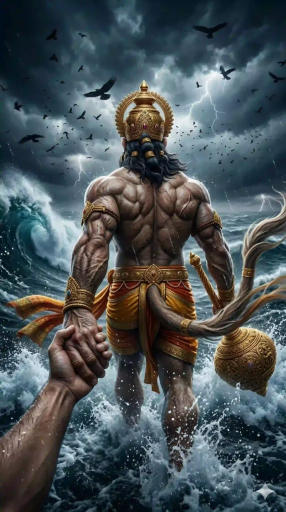 Hanuman back view pulling a person through ocean waves cinematic AI image, Prompt writing