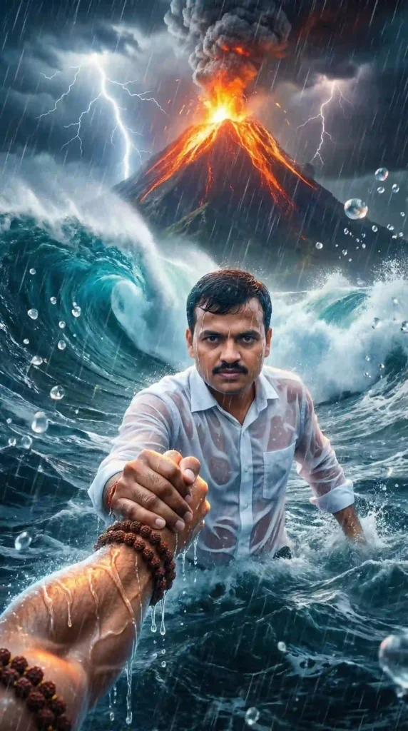Man holding Hanuman hand while walking through ocean storm cinematic AI image prompt writing 