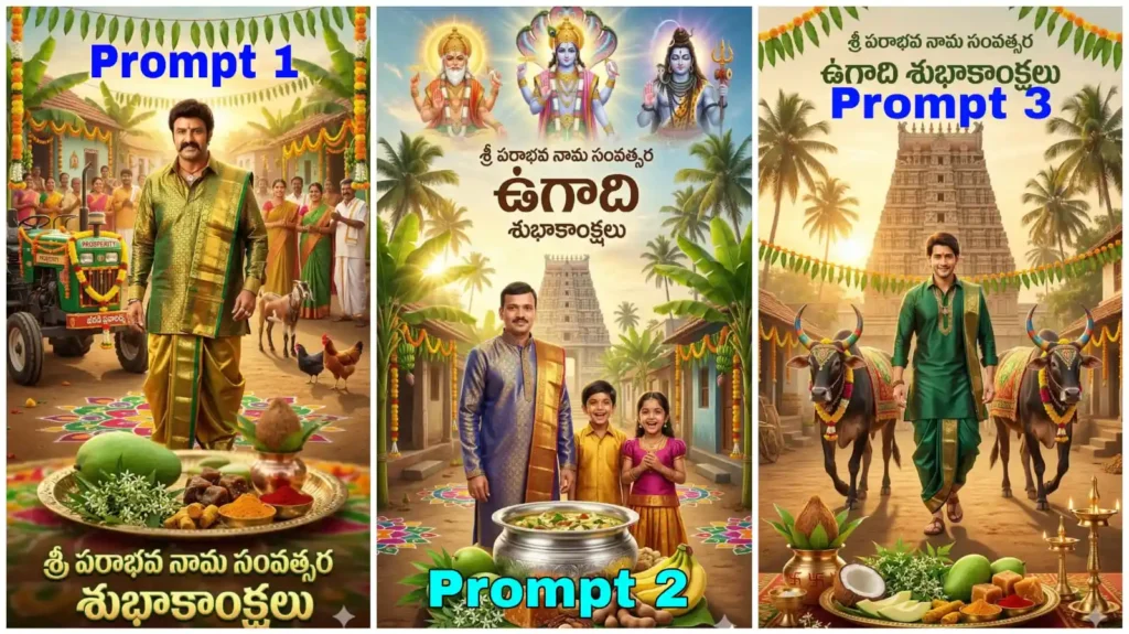 Ugadi village celebration poster with tractor goats and festival decorations created using AI image prompts