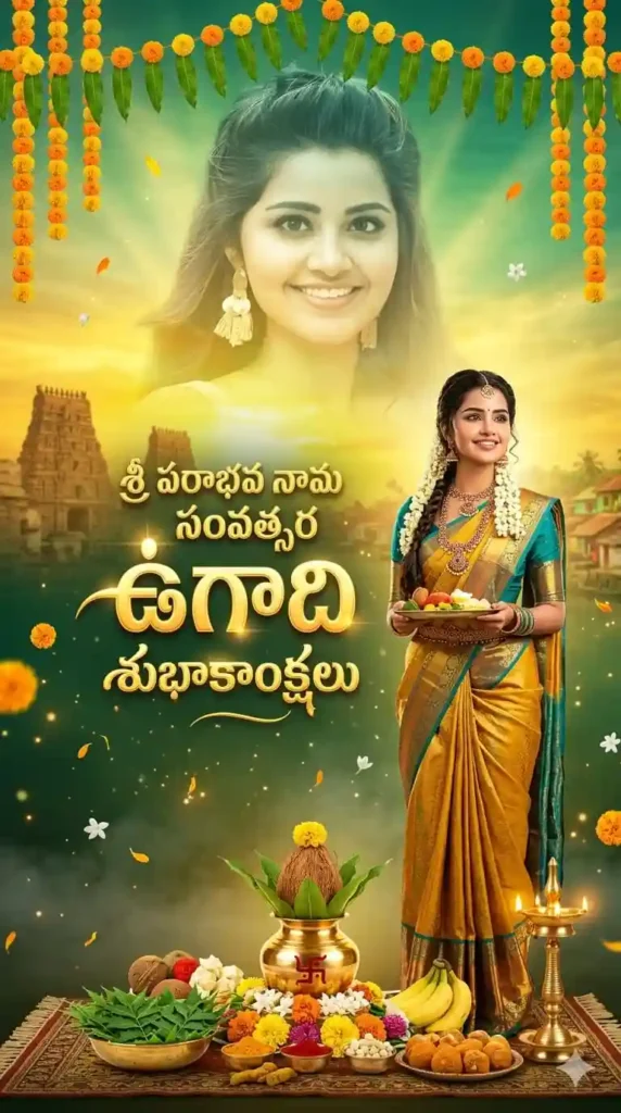 beautiful ugadi images poster created using chatgpt prompts with kalash mango leaves and traditional telugu festival decorations