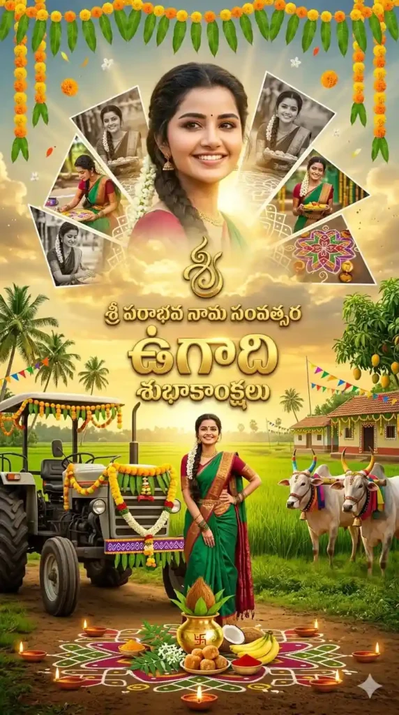 beautiful ugadi images village farming scene created using chatgpt prompts with tractor bulls and traditional telugu girl