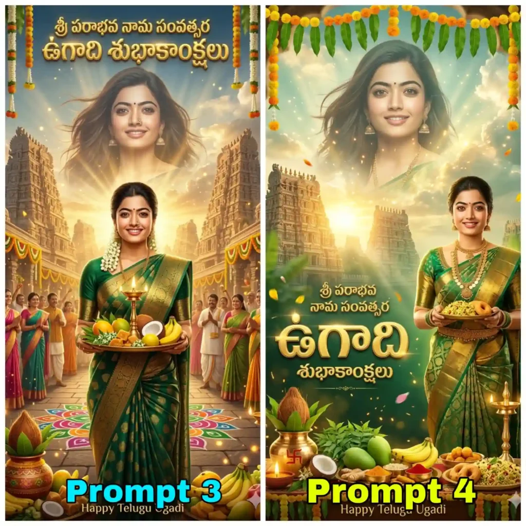 Green theme Ugadi poster AI generated Telugu festival greeting image with temple background, Cinematic temple Ugadi poster AI generated Telugu festival greeting poster with golden lighting