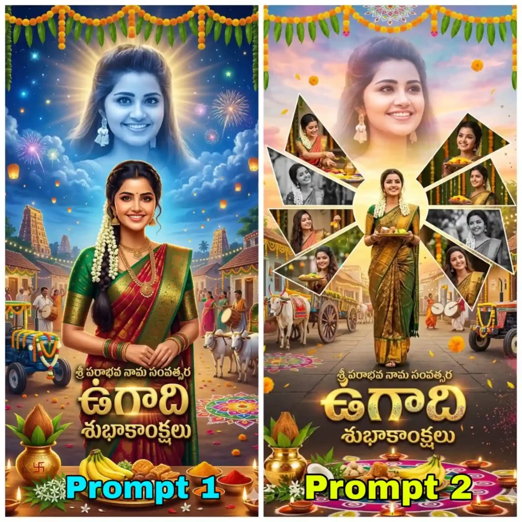 Happy Ugadi AI poster with fireworks night sky village celebration Telugu festival poster AI generated,Ugadi village sunset festival AI poster Telugu girl traditional saree temple background AI generated image