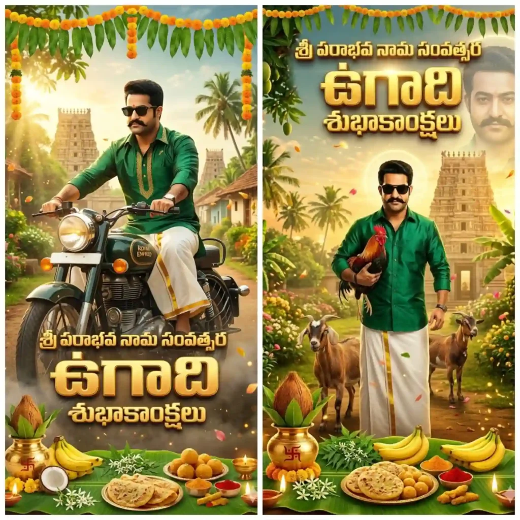 happy ugadi chatgpt prompt bike poster village hero riding bullet cinematic ugadi wishes telugu festival design vibrant colors