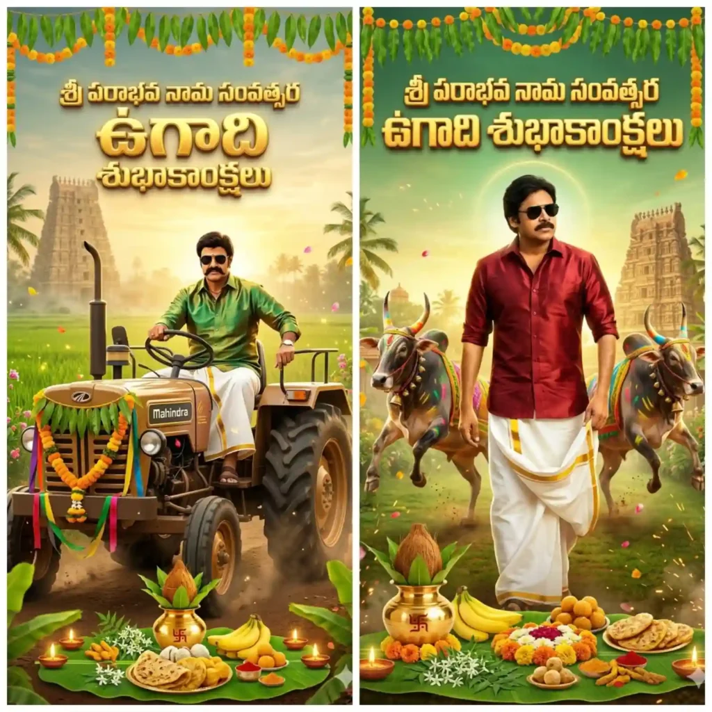 ChatGPT prompt Ugadi wishes tractor poster rural man sitting on tractor with temple background cinematic design Telugu festival poster, balakrishna, pawan