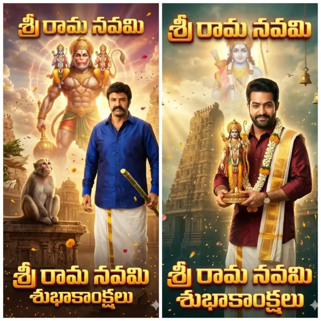Srirama Navami Prompts AI image with Lord Hanuman in sky, Rama Lakshmana on shoulders and monkey with tilakam, balakrishna, ntr