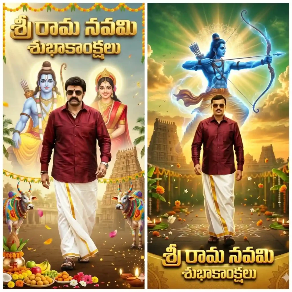 Srirama Navami Prompt cinematic AI image with Lord Rama in sky aiming arrow and stylish man in traditional dress, balakrishna, nbk111