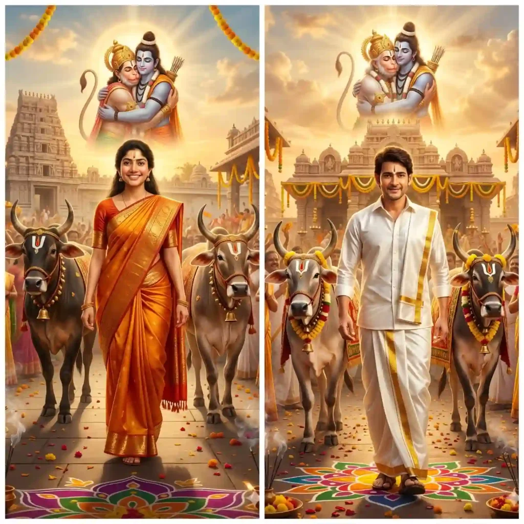 Sriramanavami AI image with person walking between decorated bulls and Hanuman in sky with Rama divine scene, mahesh babu