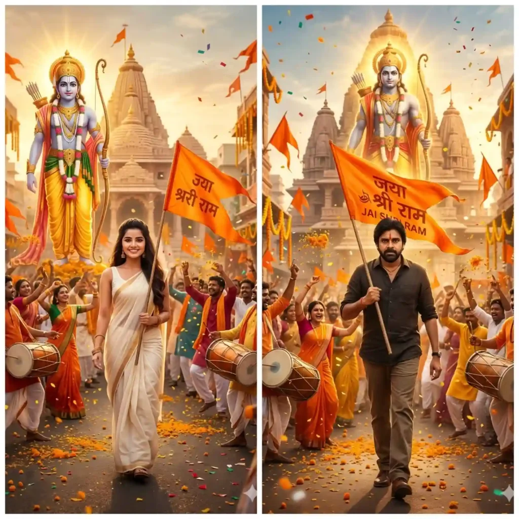 AI generated Sriramanavami festival image with person holding Jai Shri Ram flag, crowd celebration and temple background, pawan kalyan