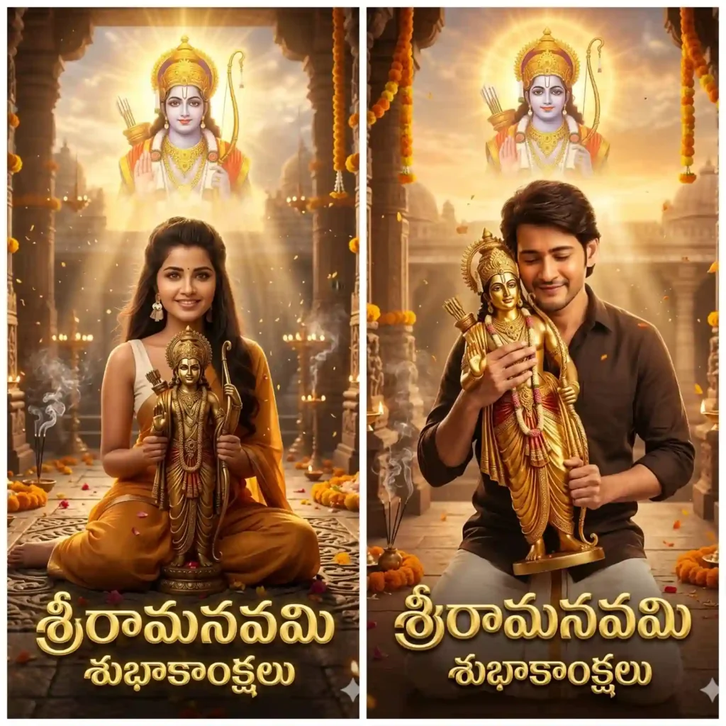Sriramanavami AI generated image of a person holding full body Sri Rama idol with divine temple background and golden lighting