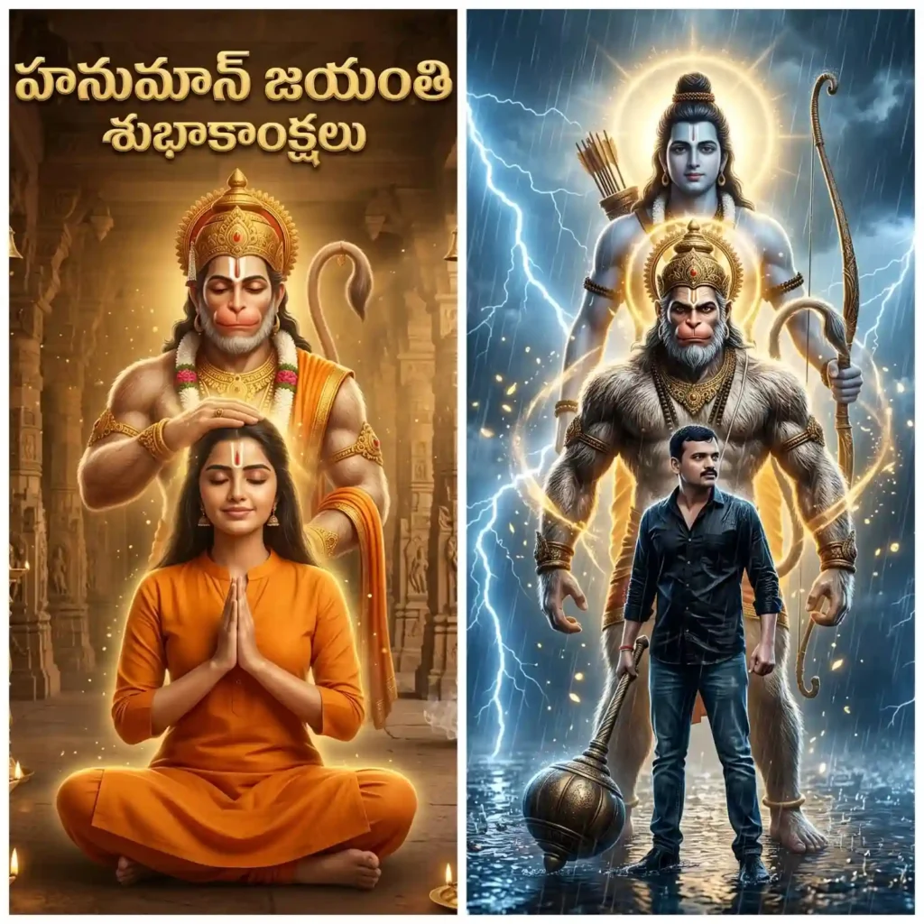 Devotee meditating while Hanuman gives blessing in temple with glowing aura