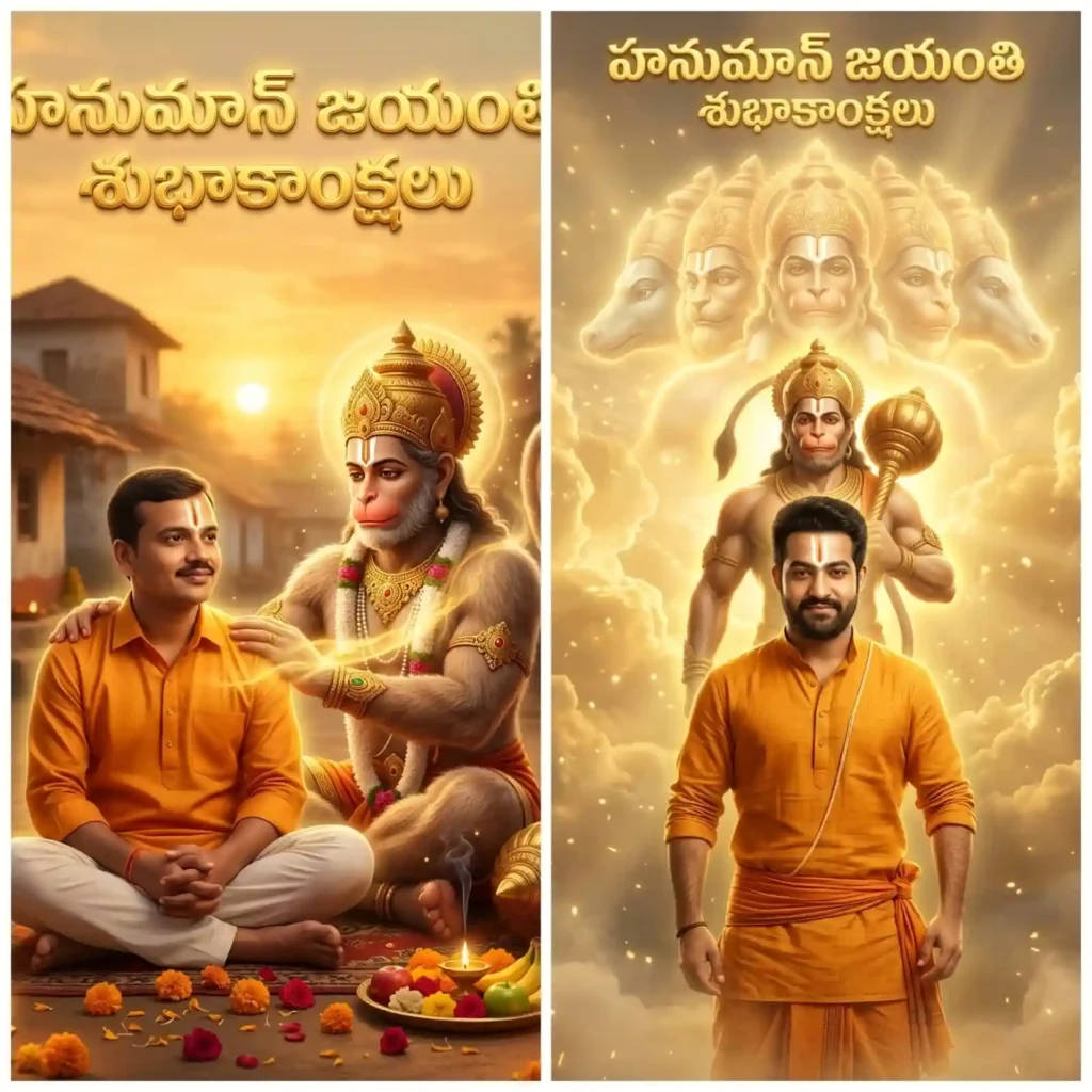 Hanuman sitting beside devotee in village with diya lights and glowing aura, ntr,