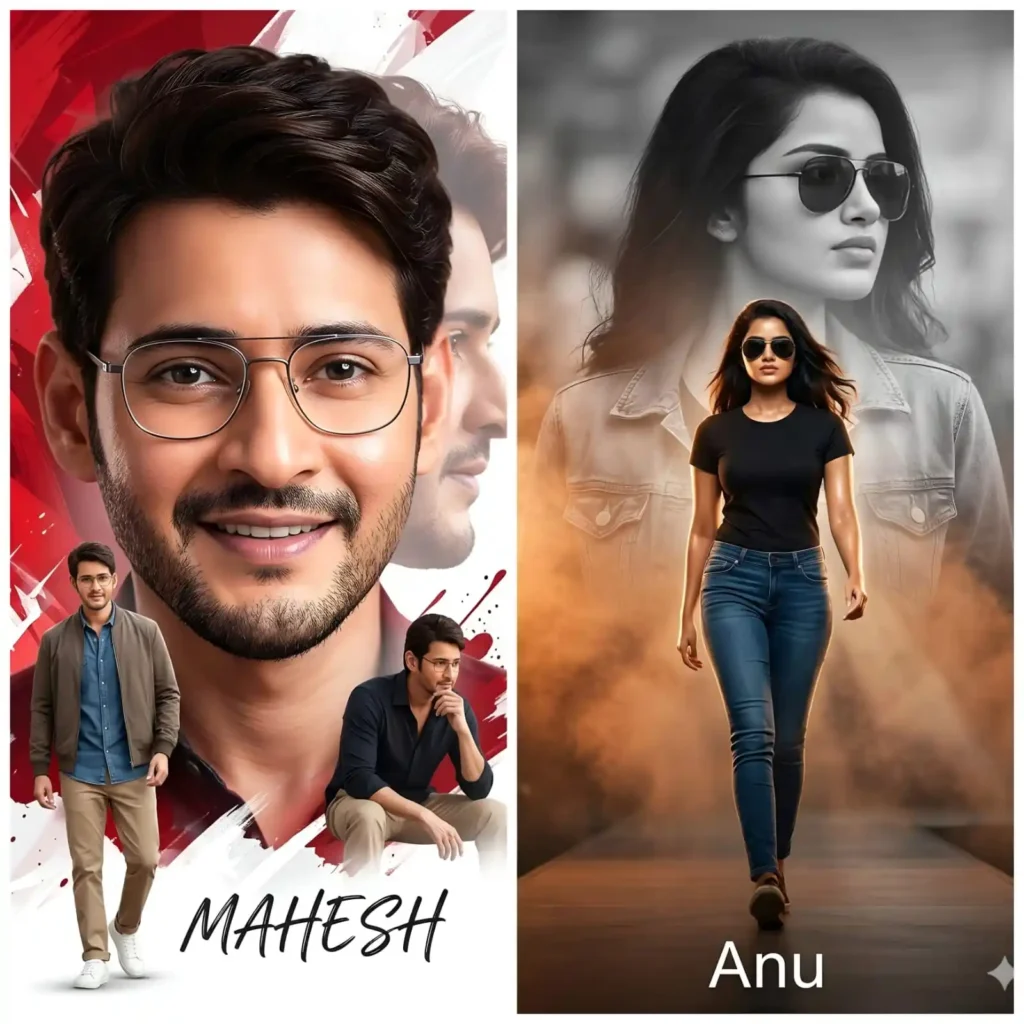 cinematic male portrait AI image with glow lighting and poster style design, mahesh babu, anupama