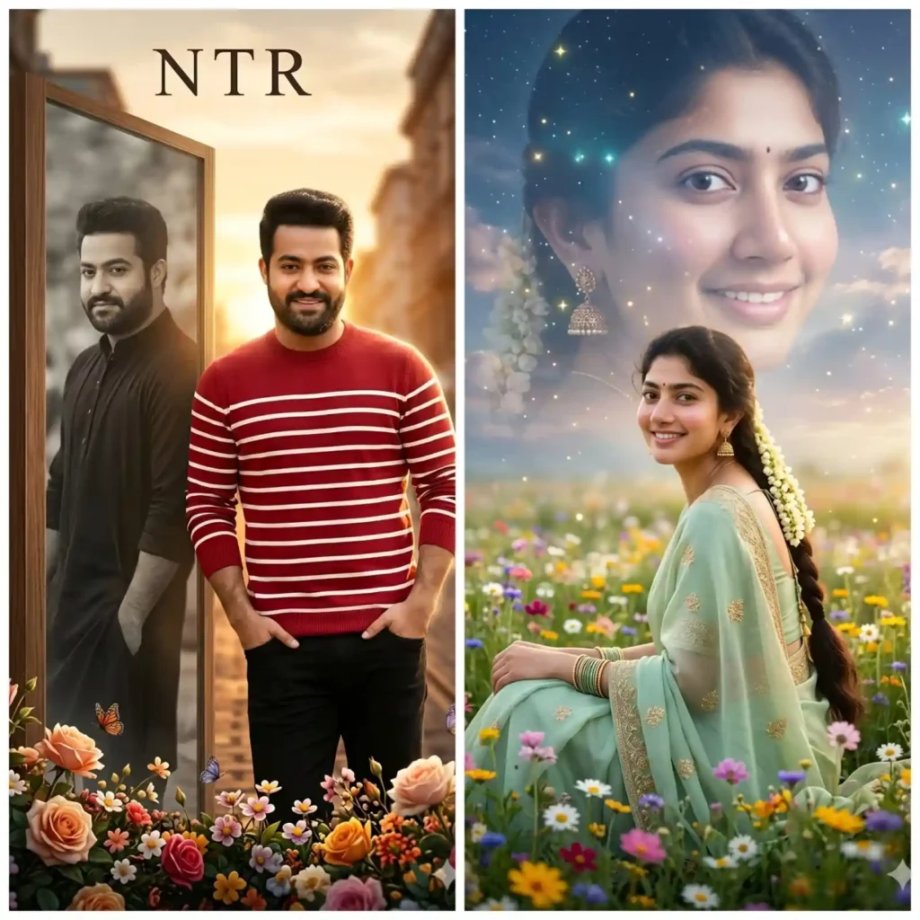 male portrait AI image with reflection effect and golden hour lighting, NTR, sai pallavi