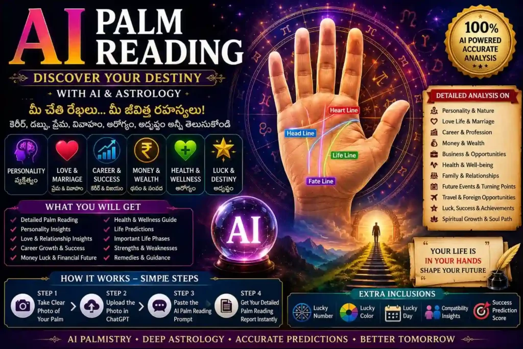 Advanced AI palmistry poster with illuminated palm, cosmic astrology theme, spiritual energy, glowing future prediction symbols, and cinematic AI design.