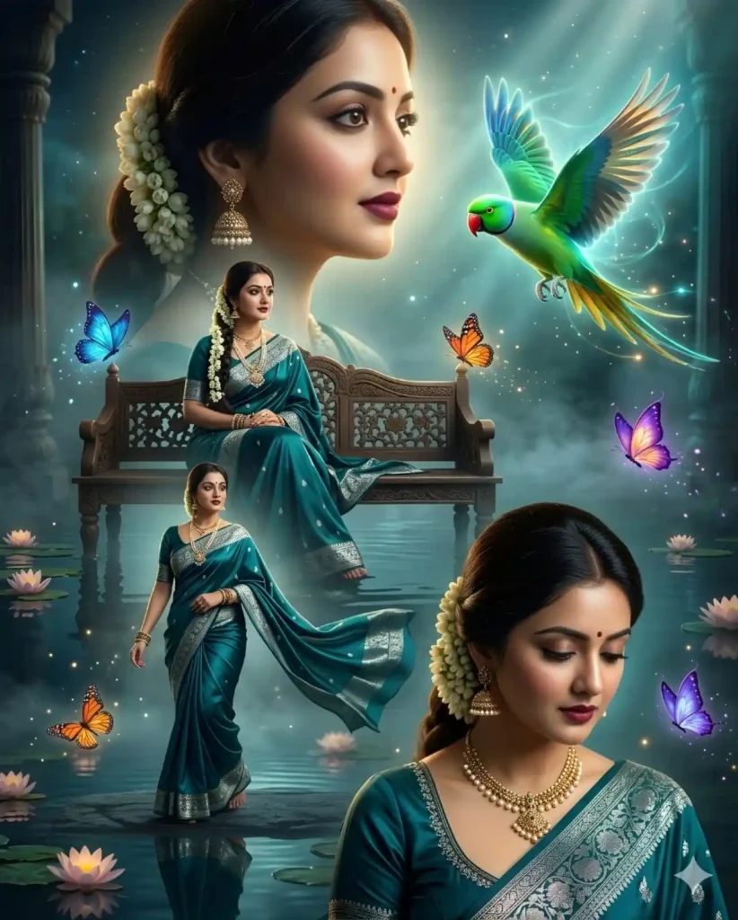 Divine South Indian woman in teal silk saree with cinematic temple garden fantasy background and glowing parrot