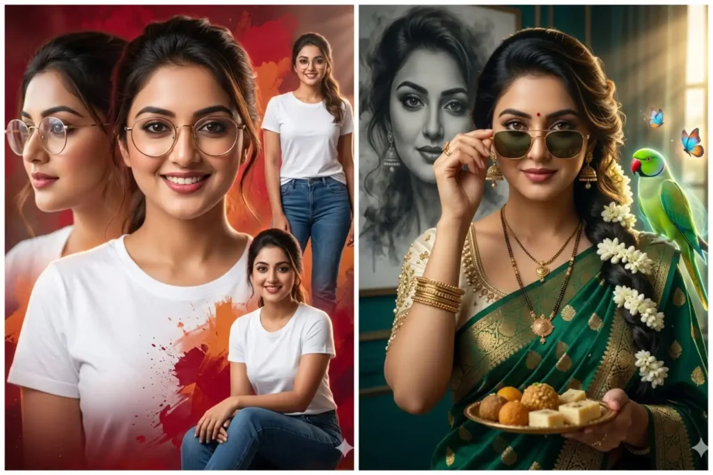 Modern Indian woman cinematic multi pose portrait collage with stylish glasses and luxury editorial lighting