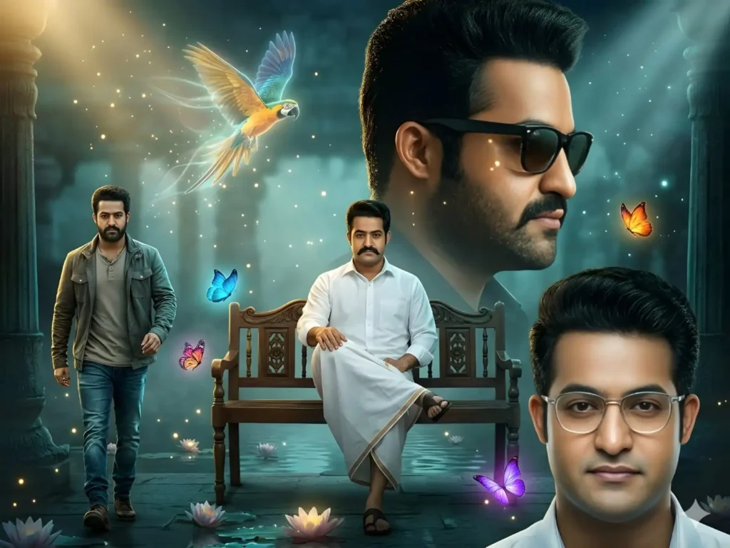 Same Indian man in four cinematic character roles with luxury lighting and mystical temple garden background