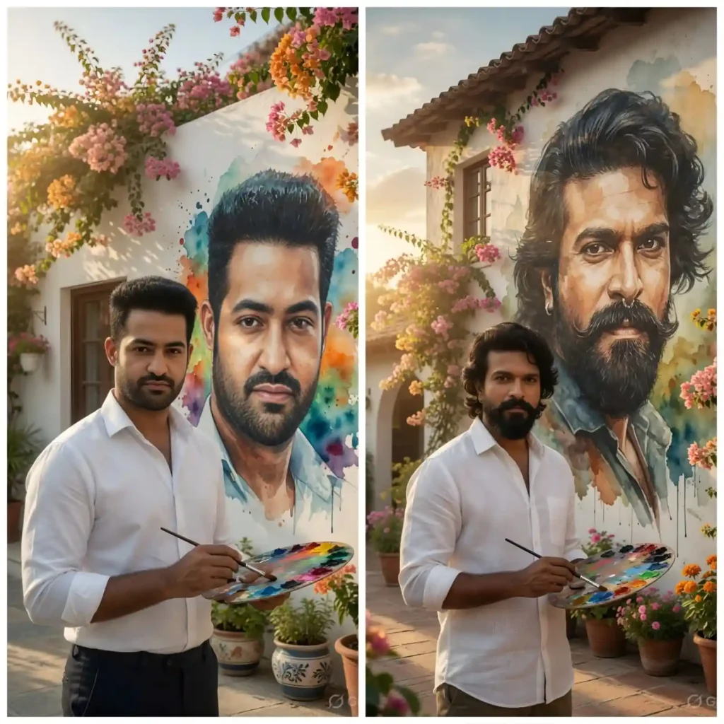 Same Indian girl beside cinematic watercolor wall mural with luxury villa background and exact face consistency