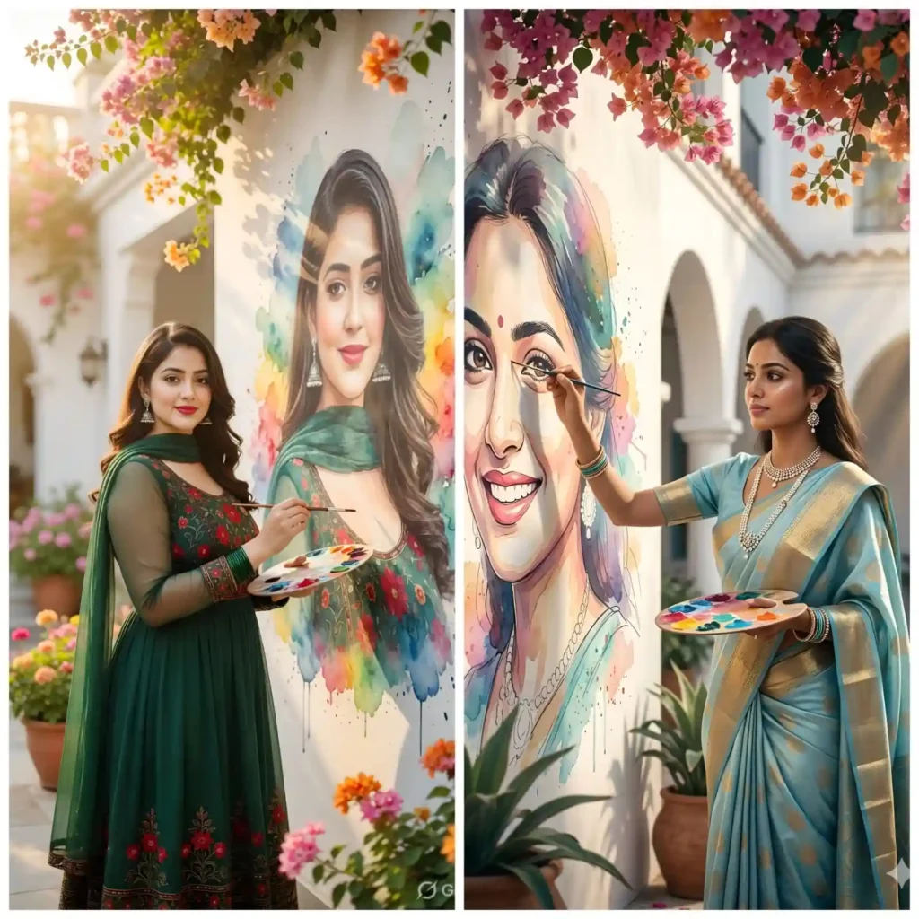 Same Indian girl beside cinematic watercolor wall mural with luxury villa background and exact face consistency