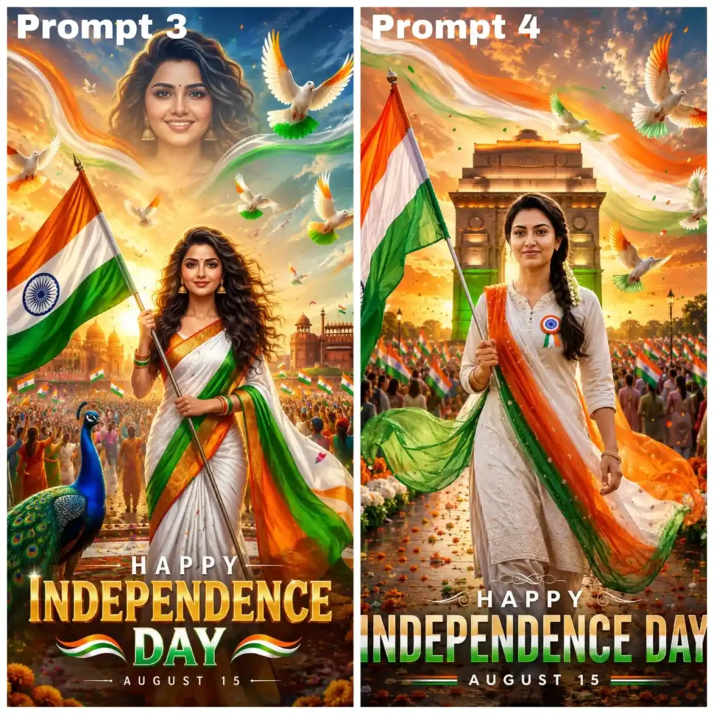 15 August AI Image Prompts woman holding Indian flag