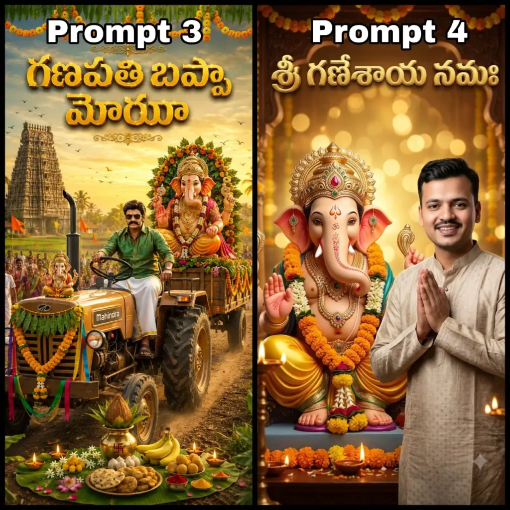 Ganesh Chaturthi AI photo editing prompt 2026 showing a person driving a decorated tractor with a large Lord Ganesha idol through green village fields