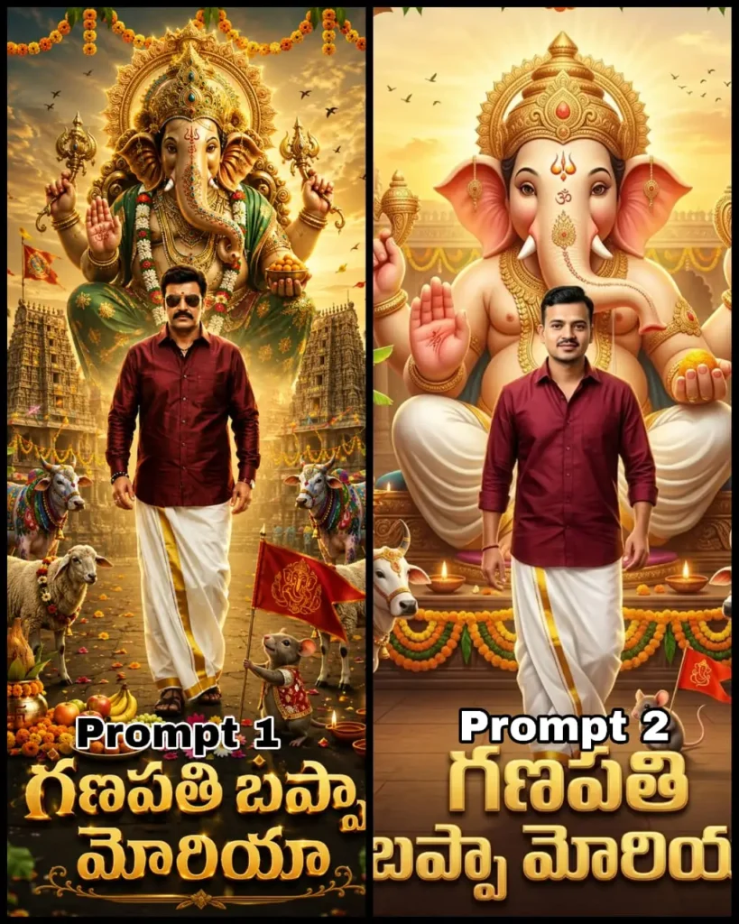 Ganesh Chaturthi AI photo editing prompt 2026 with a person, Lord Ganesha, traditional cattle and a festive village temple background