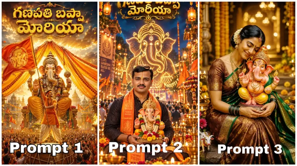 Ganpati Bappa Morya AI Photo Prompts 2026 with a person holding a saffron flag