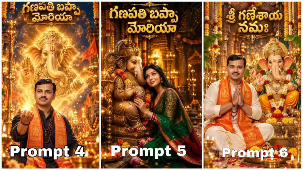 Ganpati Bappa Morya AI Photo Prompts 2026 divine golden light poster