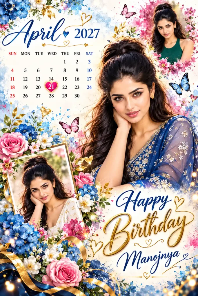 Personalized birthday poster with a woman's portrait, name, floral decorations, and birthday calendar