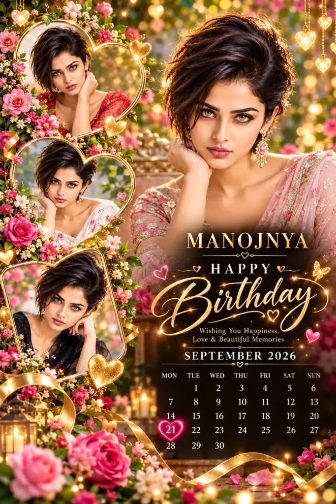 Watercolor birthday calendar poster with colorful flowers, portraits, and highlighted birthday date
