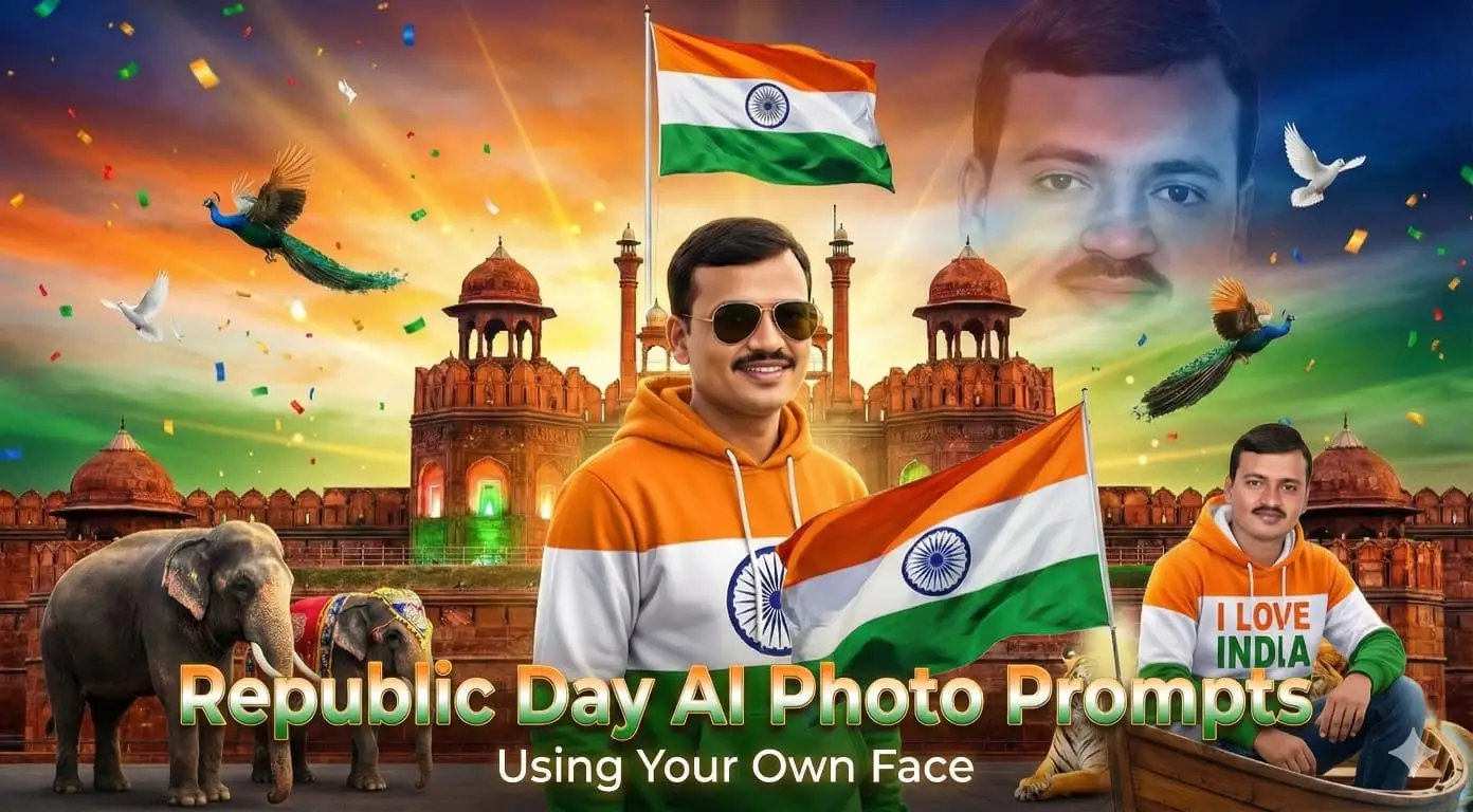 Republic Day AI Photo Prompts showing cinematic patriotic images created using your own face in 16:9 format